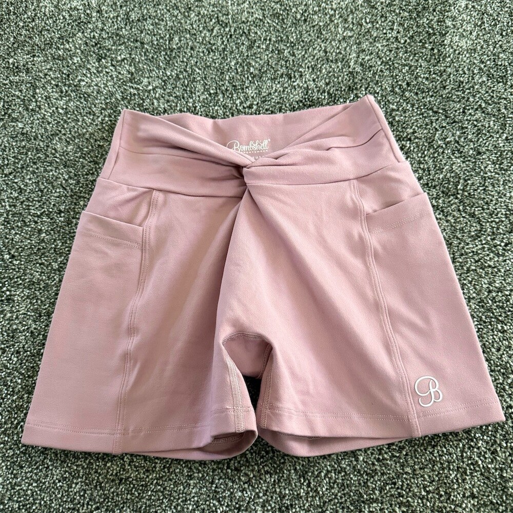 Bombshell Sportswear Biker Shorts Womens M Mauve Pink High Waist Twist